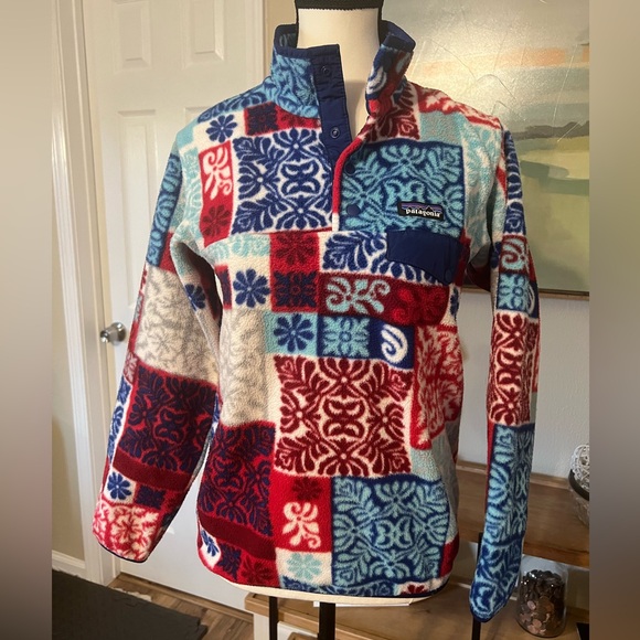 Patagonia Synchilla Snap-T Fleece Pullover XXS Patchwork Print Red Blue Vintage - Picture 2 of 14